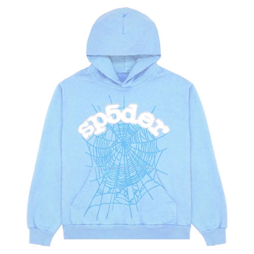 Sp5der Rhinestone Sky Blue Web Hoodie SS23 Release Chenille Graphic Pullover LG